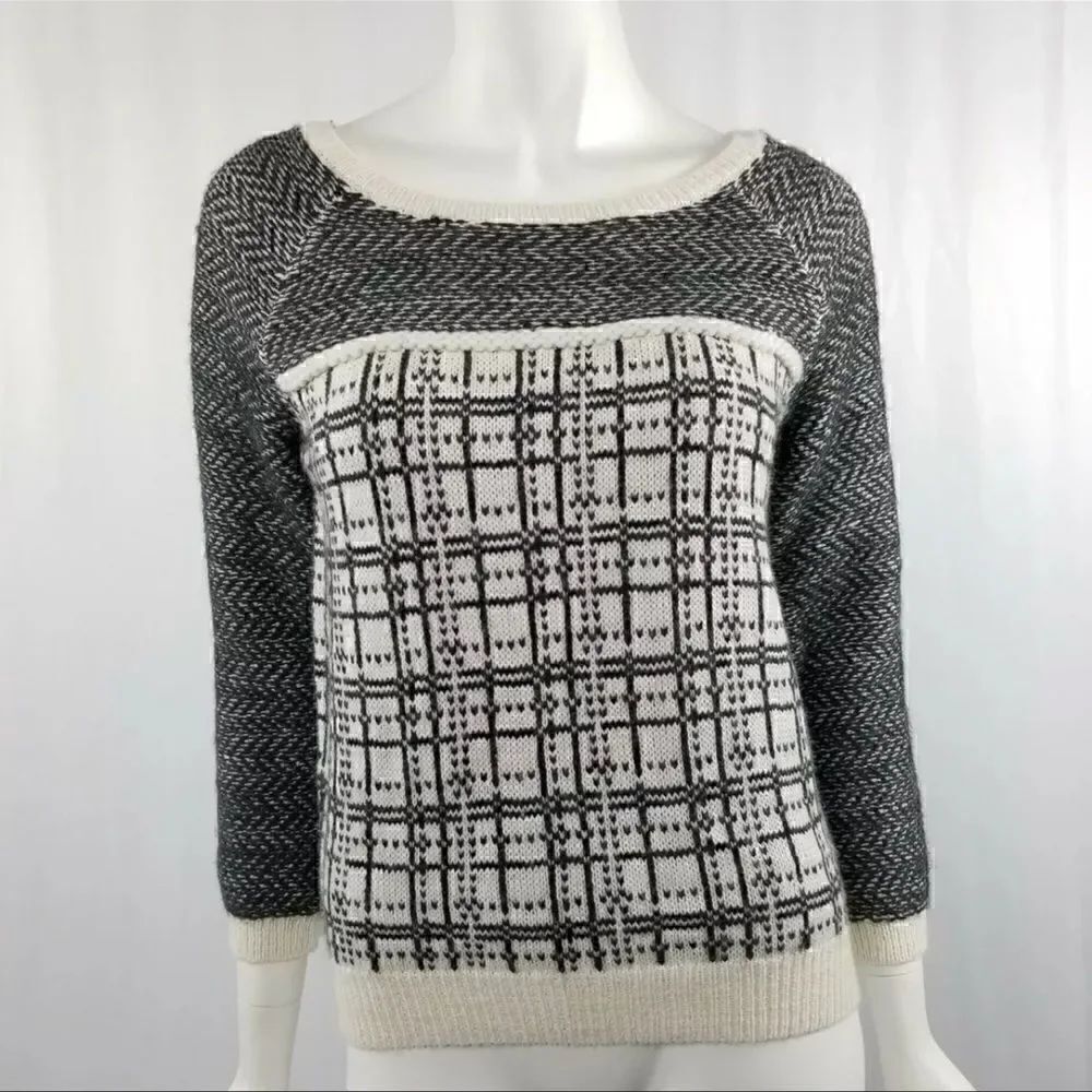 LOFT Size XS Black & White Plaid Angora Wool Blend Light Weight Sweater
